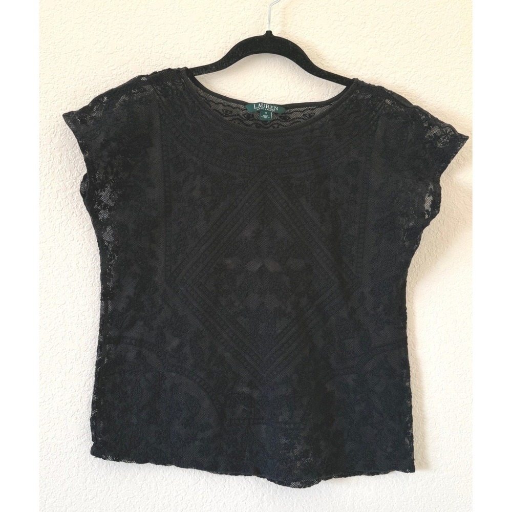 Vintage Lauren Ralph Lauren Black Lace Overlay Cap Sleeve Y2K Top Size M Fairy